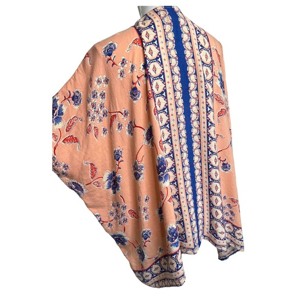 Angie Kimono Womens M Boho Floral Print Open Cardigan Lace Trim Dolman Peach - Picture 10 of 10